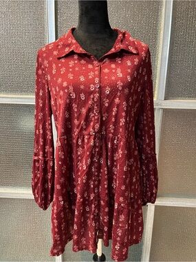Style & Co. Tiered Burgundy Floral Button-Front Tunic